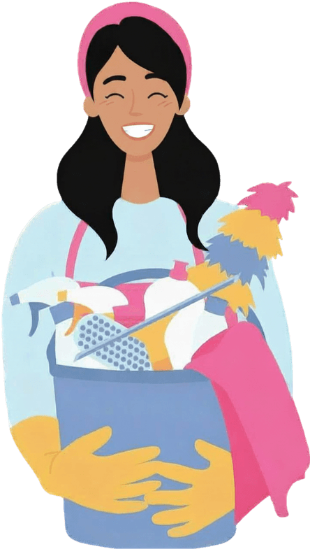 Illustration of a smiling cleaner holding cleaning supplies